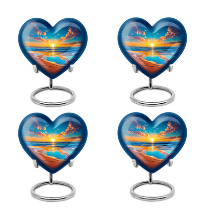 Celestial Blue Beach Cremation Urn angled view of lid and engraved motif - loving heart memorial featuring beach pattern - 10 inch aluminum urn for cremated remains