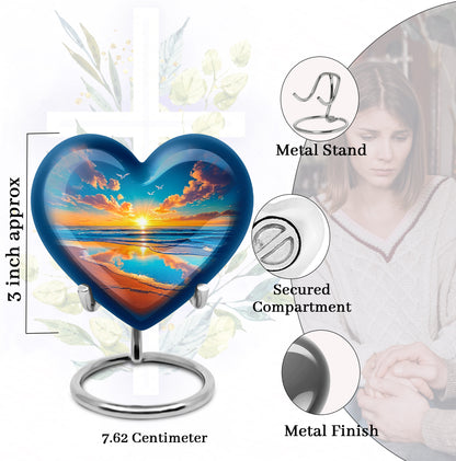 Steel Blue Beach Cremation Urn front view showing detailed design - compassionate heart-beach combination with gentle curves - mini keepsake memorial for portion of cremation ashes