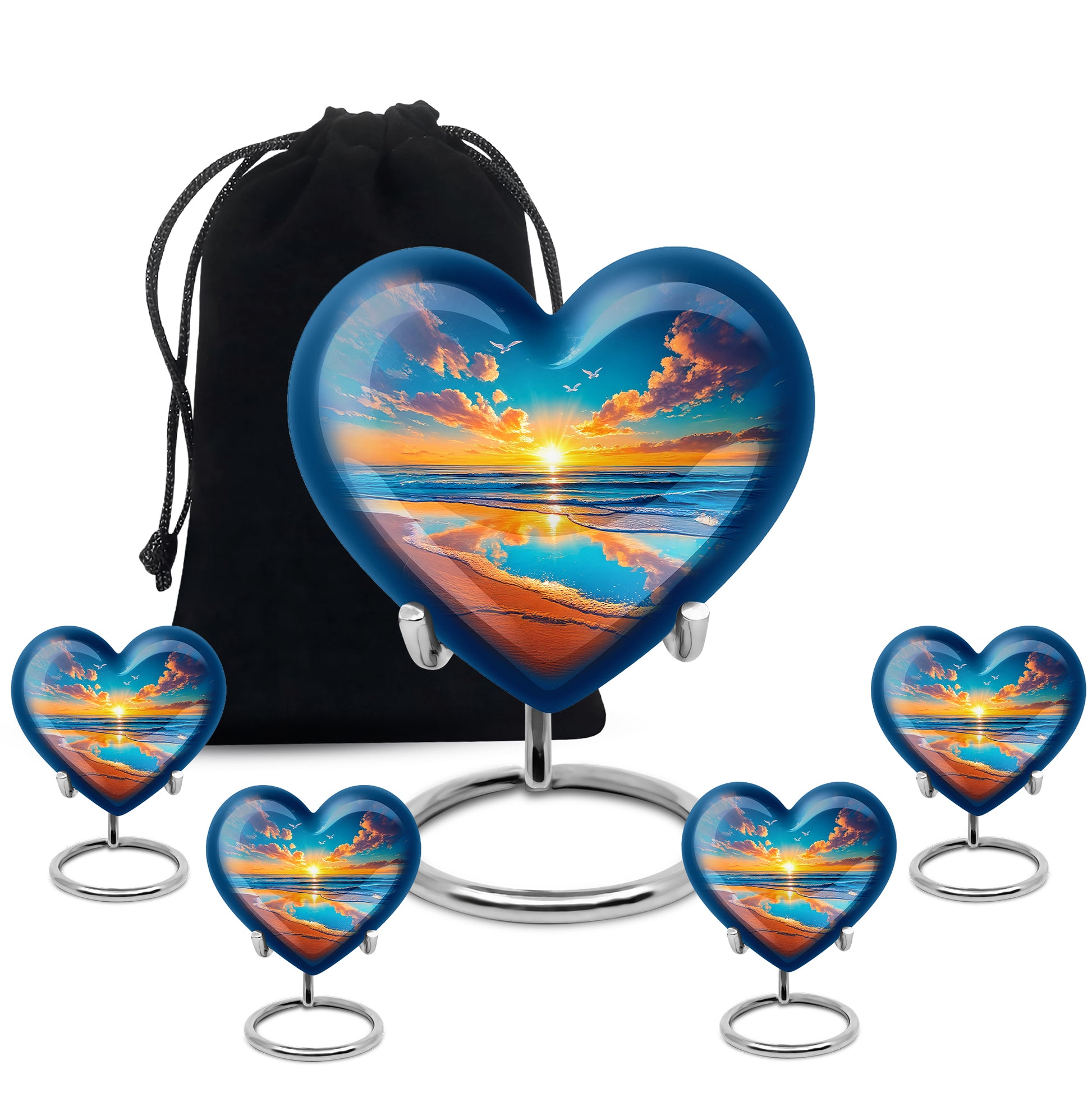 Royal Blue Beach Cremation Urn close-up of engraving and surface detail - compassionate heart-beach combination with gentle curves - memorial set with one large and four small urns