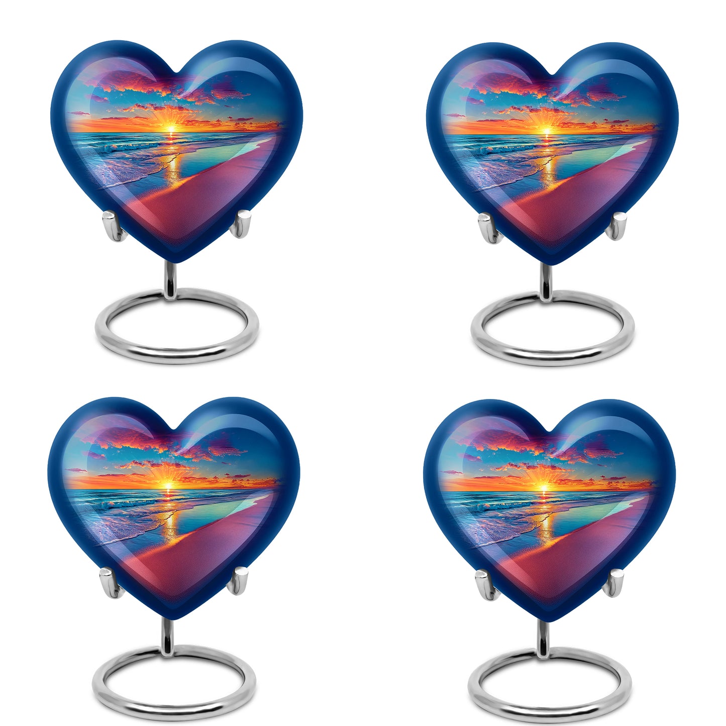 Powder Blue Beach Cremation Urn angled view of lid and engraved motif - heart-shaped beach design symbolizing eternal love - 10 inch aluminum urn for cremated remains