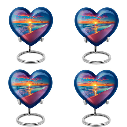 Powder Blue Beach Cremation Urn angled view of lid and engraved motif - heart-shaped beach design symbolizing eternal love - 10 inch aluminum urn for cremated remains