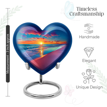 Icy Blue Beach Cremation Urn front view showing detailed design - loving heart memorial featuring beach pattern - mini keepsake memorial for portion of cremation ashes