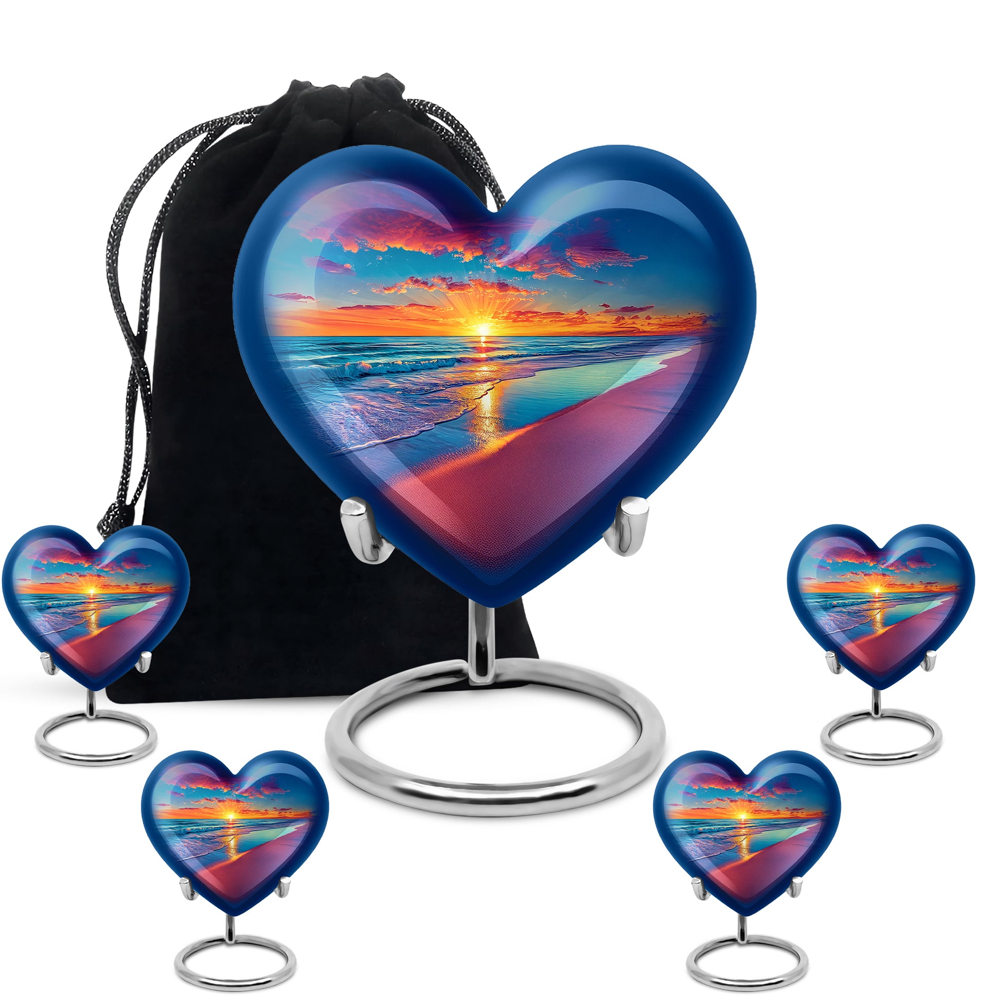 Bright Blue Beach Cremation Urn close-up of engraving and surface detail - compassionate heart-beach combination with gentle curves - memorial set with one large and four small urns