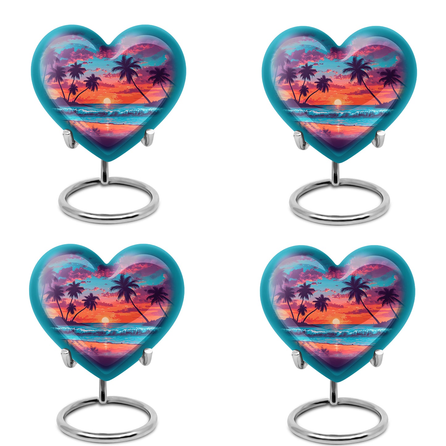 Bright Blue Beach Cremation Urn angled view of lid and engraved motif - compassionate heart-beach combination with gentle curves - 10 inch aluminum urn for cremated remains