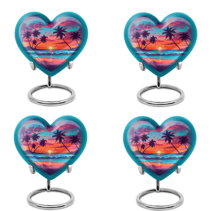 Bright Blue Beach Cremation Urn angled view of lid and engraved motif - compassionate heart-beach combination with gentle curves - 10 inch aluminum urn for cremated remains