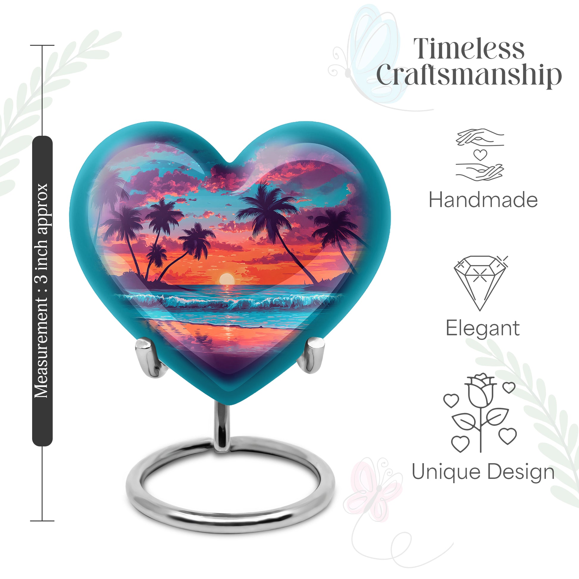 Pastel Blue Beach Cremation Urn front view showing detailed design - loving heart memorial featuring beach pattern - mini keepsake memorial for portion of cremation ashes