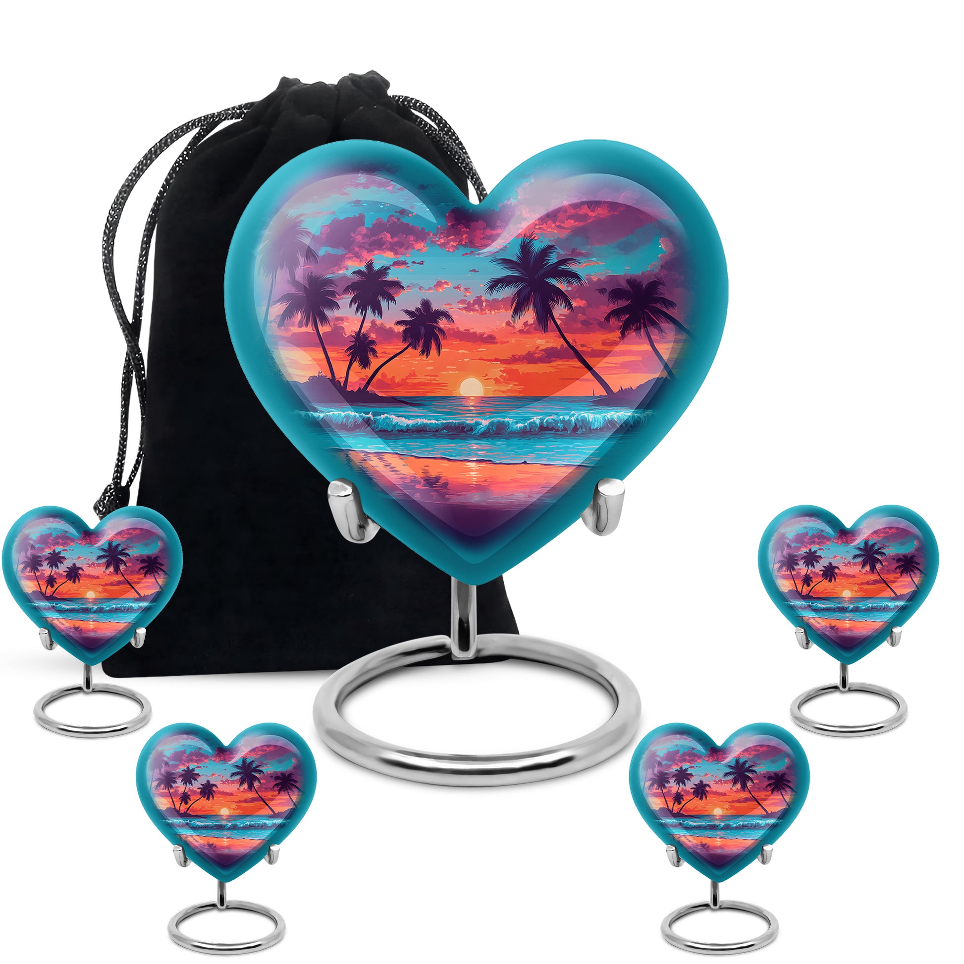 Dusty Blue Beach Cremation Urn close-up of engraving and surface detail - loving heart memorial featuring beach pattern - memorial set with one large and four small urns