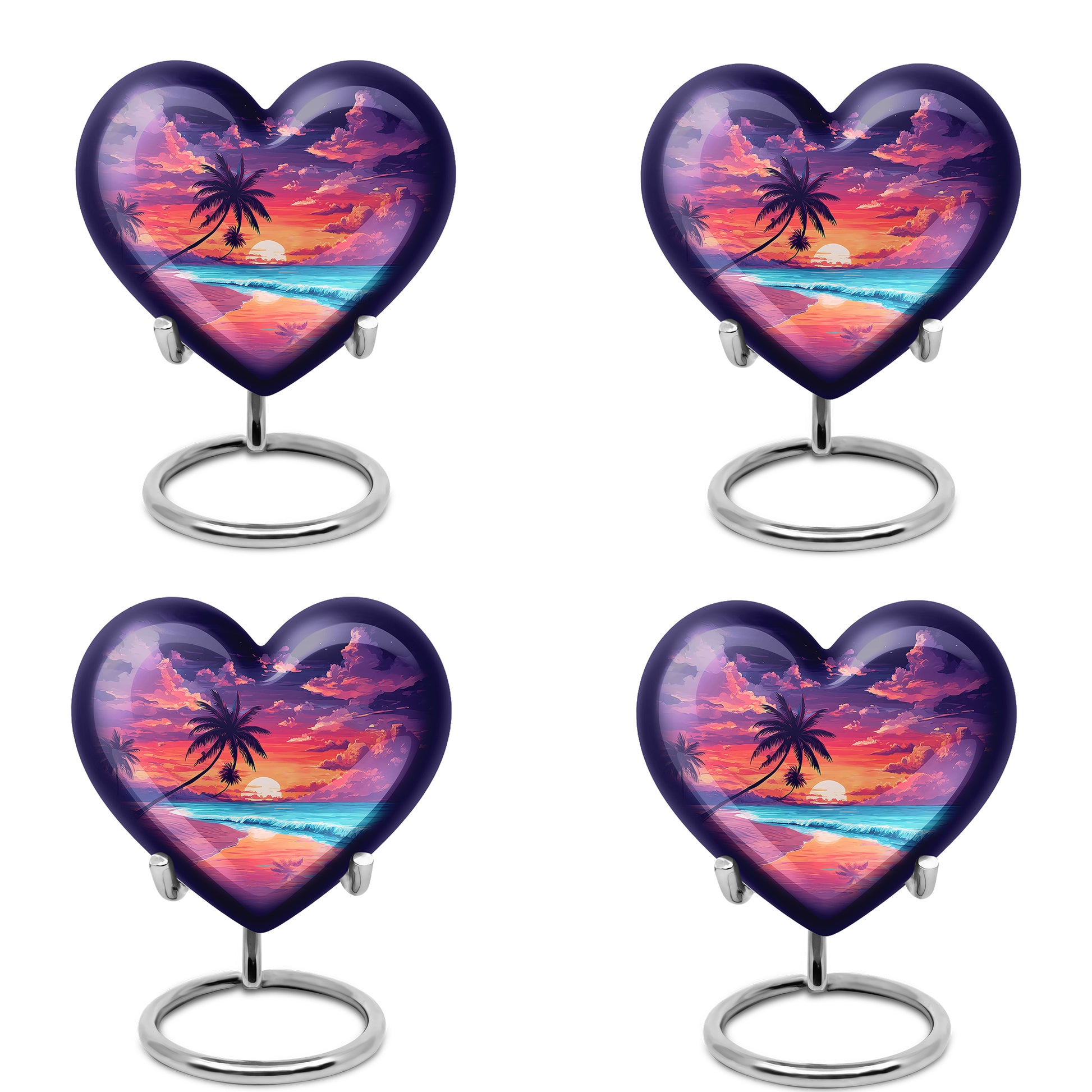 Sapphire Blue Beach Cremation Urn angled view of lid and engraved motif - compassionate heart-beach combination with gentle curves - 10 inch aluminum urn for cremated remains