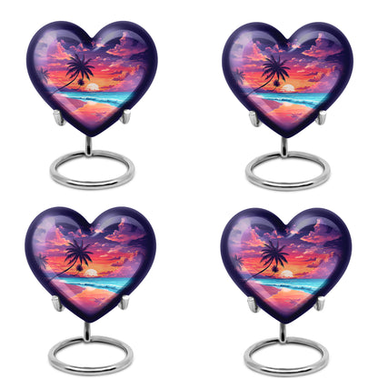 Sapphire Blue Beach Cremation Urn angled view of lid and engraved motif - compassionate heart-beach combination with gentle curves - 10 inch aluminum urn for cremated remains
