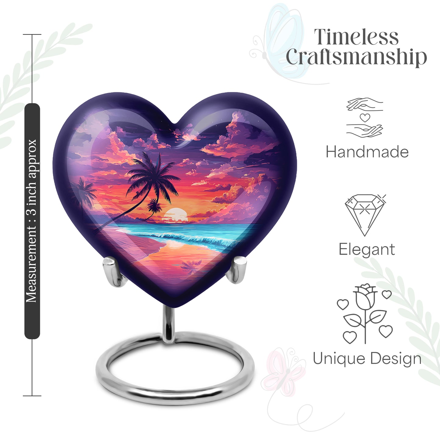 Powder Blue Beach Cremation Urn front view showing detailed design - loving heart memorial featuring beach pattern - mini keepsake memorial for portion of cremation ashes