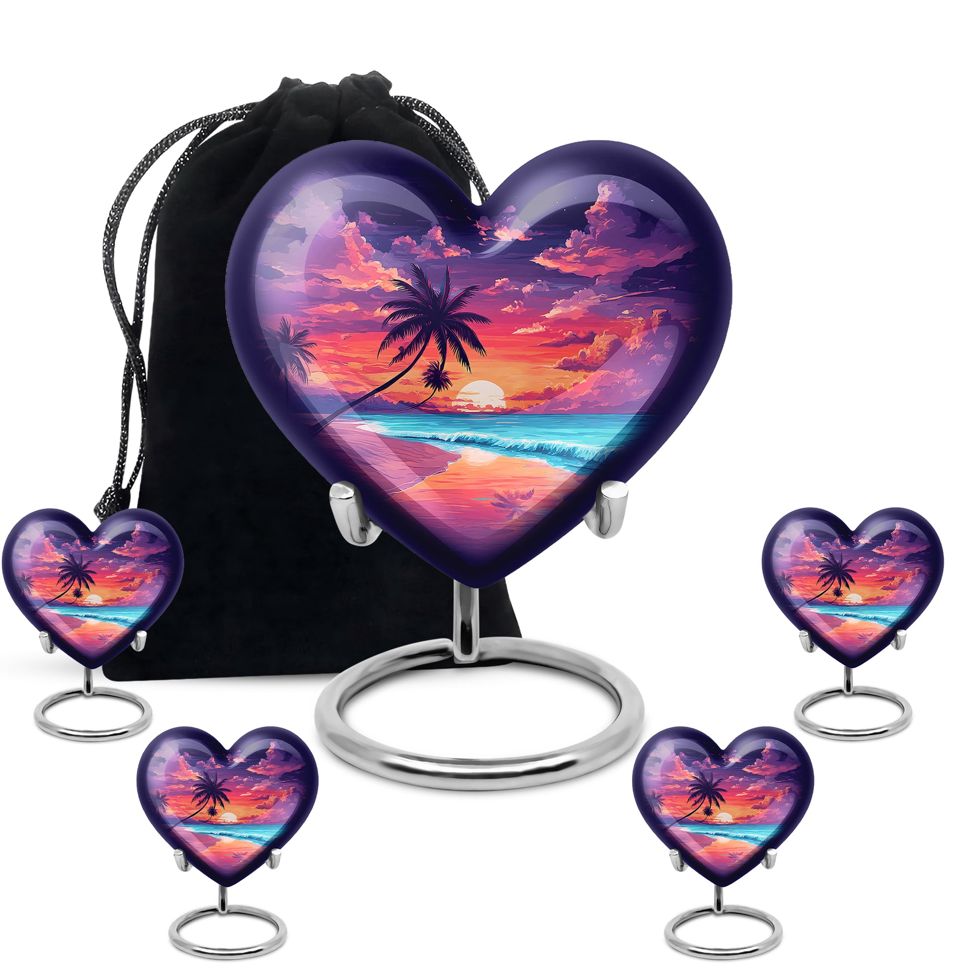 Navy Blue Beach Cremation Urn close-up of engraving and surface detail - heart-shaped beach design symbolizing eternal love - memorial set with one large and four small urns