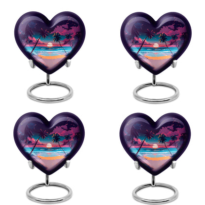 Majestic Purple Beach Cremation Urn angled view of lid and engraved motif - loving heart memorial featuring beach pattern - 10 inch aluminum urn for cremated remains