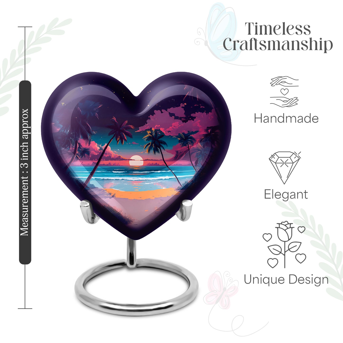 Orchid Purple Beach Cremation Urn front view showing detailed design - loving heart memorial featuring beach pattern - mini keepsake memorial for portion of cremation ashes