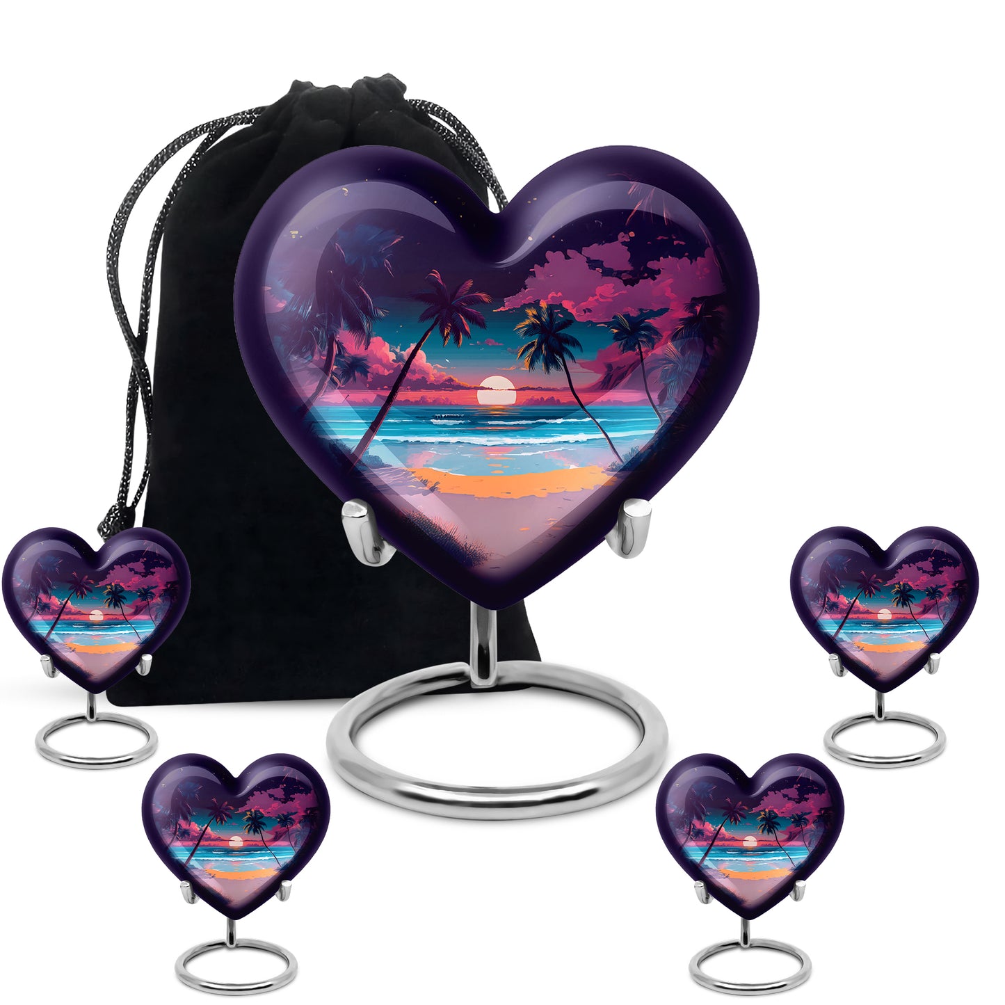 Majestic Purple Beach Cremation Urn close-up of engraving and surface detail - heart-shaped beach design symbolizing eternal love - memorial set with one large and four small urns