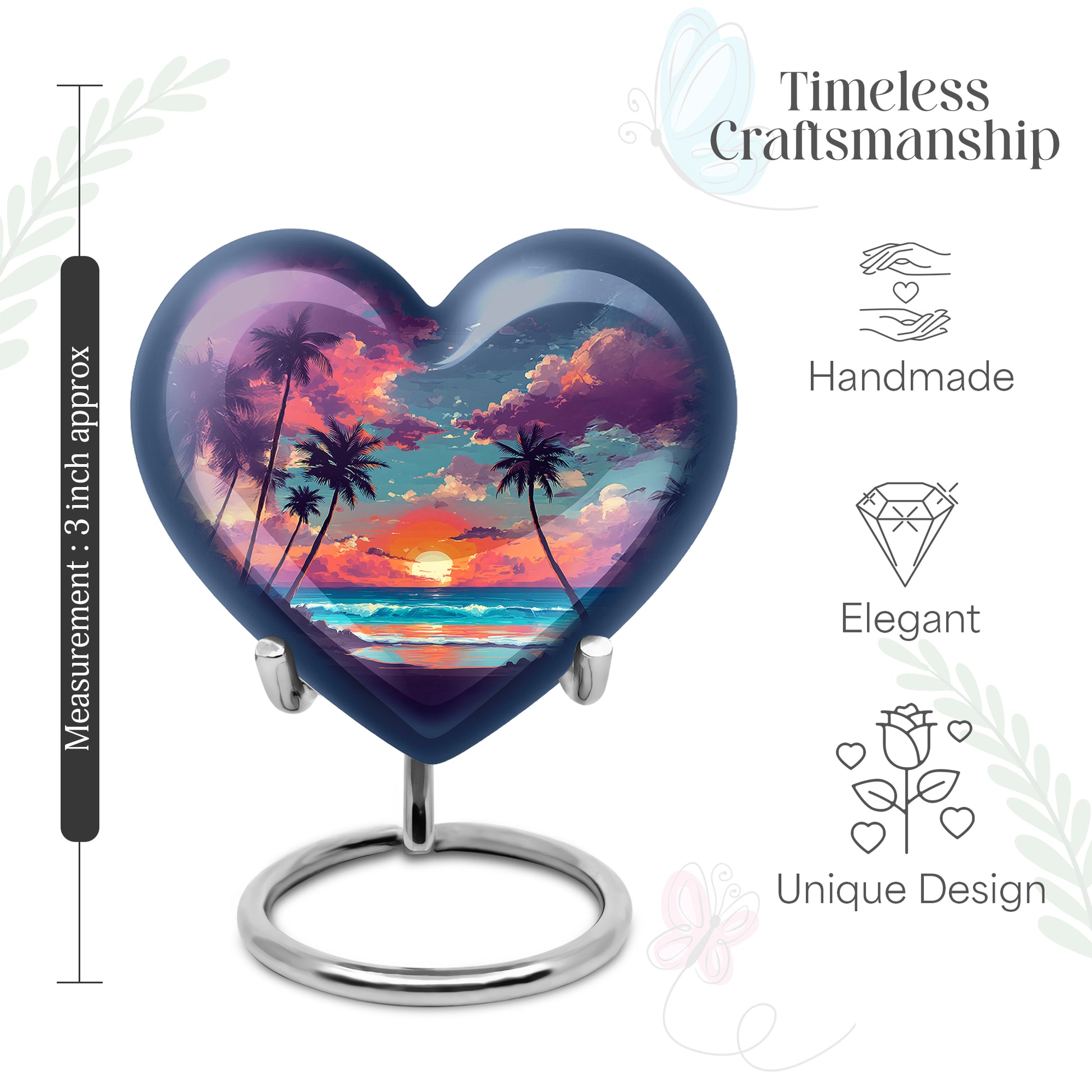 Dusty Blue Beach Cremation Urn front view showing detailed design - loving heart memorial featuring beach pattern - mini keepsake memorial for portion of cremation ashes