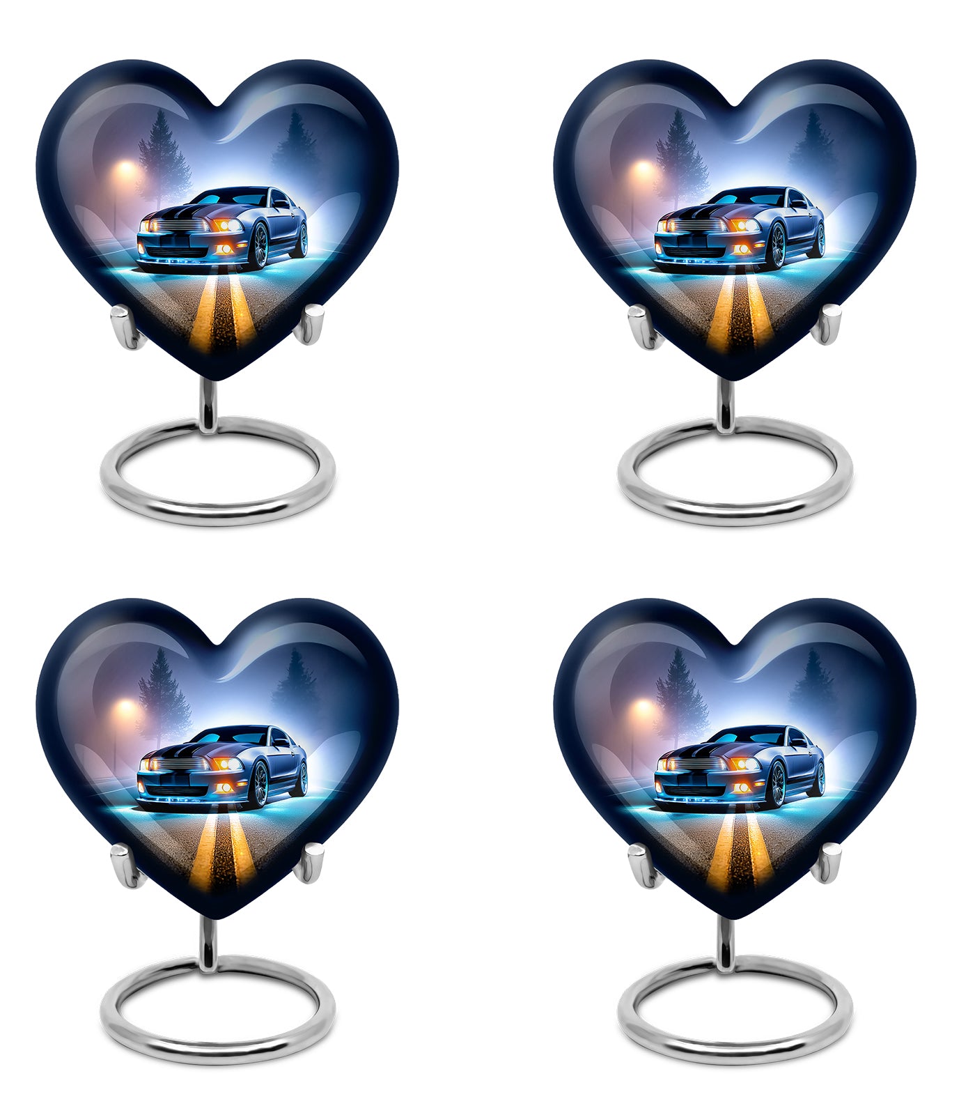 Azure Car Cremation Urn angled view of lid and engraved motif - loving heart memorial featuring car pattern - 10 inch aluminum urn for cremated remains