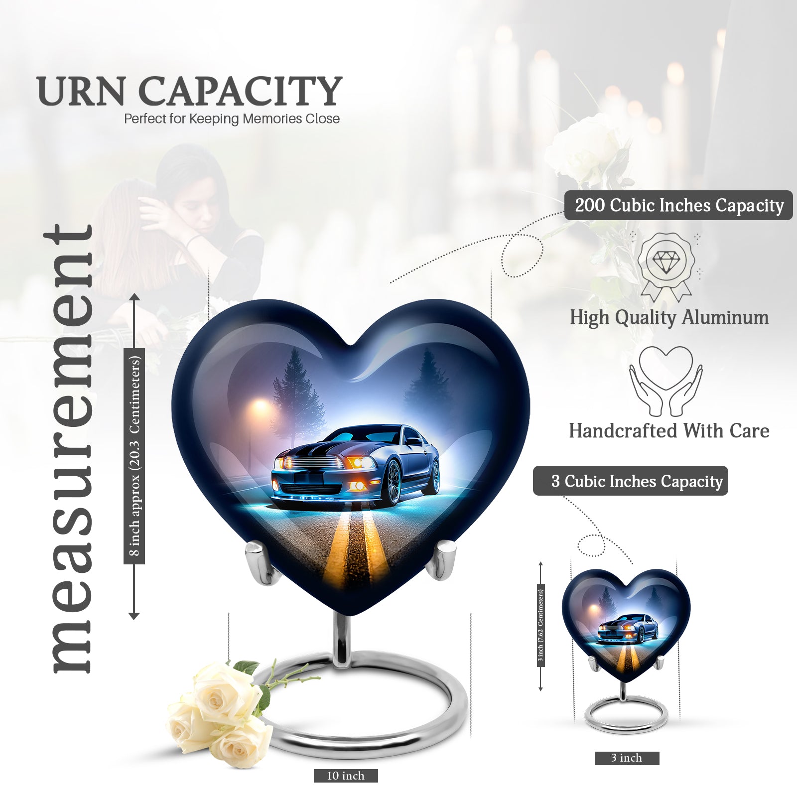 Steel Blue Car Cremation Urn front view showing detailed design - compassionate heart-car combination with gentle curves - mini keepsake memorial for portion of cremation ashes
