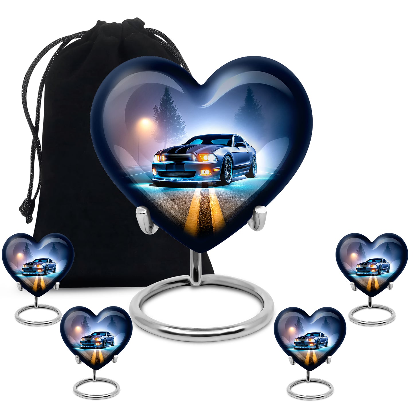 Bright Blue Car Cremation Urn close-up of engraving and surface detail - romantic heart urn with car motif on aluminum - memorial set with one large and four small urns
