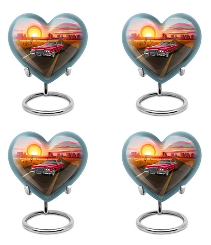 Vivid Blue Car Cremation Urn angled view of lid and engraved motif - romantic heart urn with car motif on aluminum - 10 inch aluminum urn for cremated remains