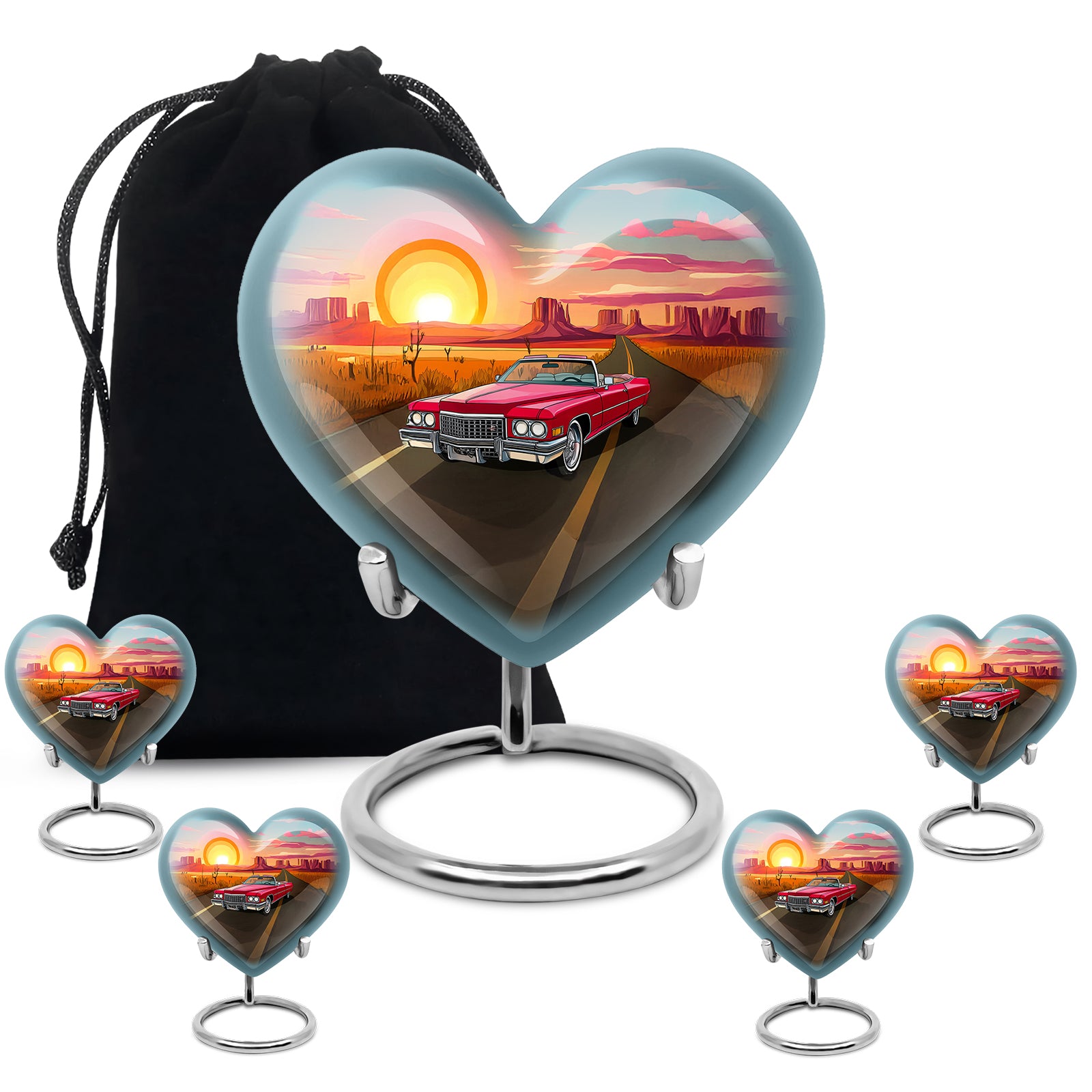 Celestial Blue Car Cremation Urn close-up of engraving and surface detail - heart-shaped car design symbolizing eternal love - memorial set with one large and four small urns