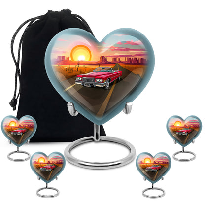 Celestial Blue Car Cremation Urn close-up of engraving and surface detail - heart-shaped car design symbolizing eternal love - memorial set with one large and four small urns
