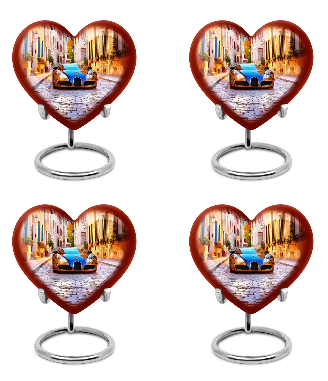 Twilight Blue Car Cremation Urn angled view of lid and engraved motif - compassionate heart-car combination with gentle curves - 10 inch aluminum urn for cremated remains
