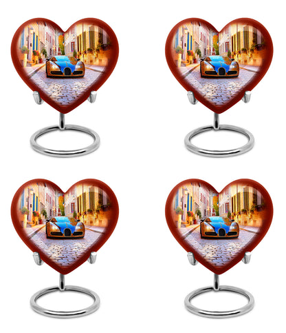 Twilight Blue Car Cremation Urn angled view of lid and engraved motif - compassionate heart-car combination with gentle curves - 10 inch aluminum urn for cremated remains