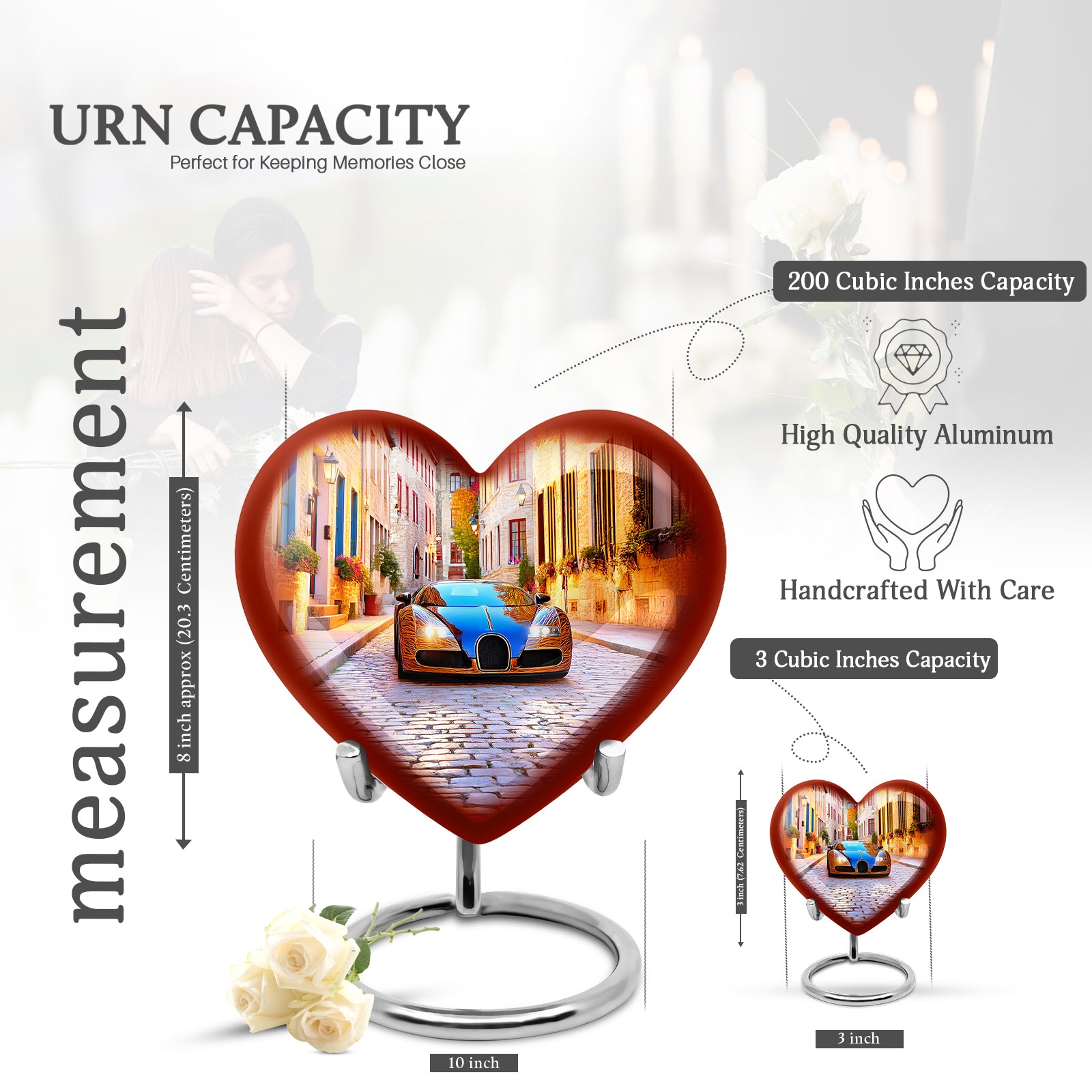 Navy Blue Car Cremation Urn front view showing detailed design - heart-shaped car design symbolizing eternal love - mini keepsake memorial for portion of cremation ashes