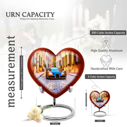 Navy Blue Car Cremation Urn front view showing detailed design - heart-shaped car design symbolizing eternal love - mini keepsake memorial for portion of cremation ashes