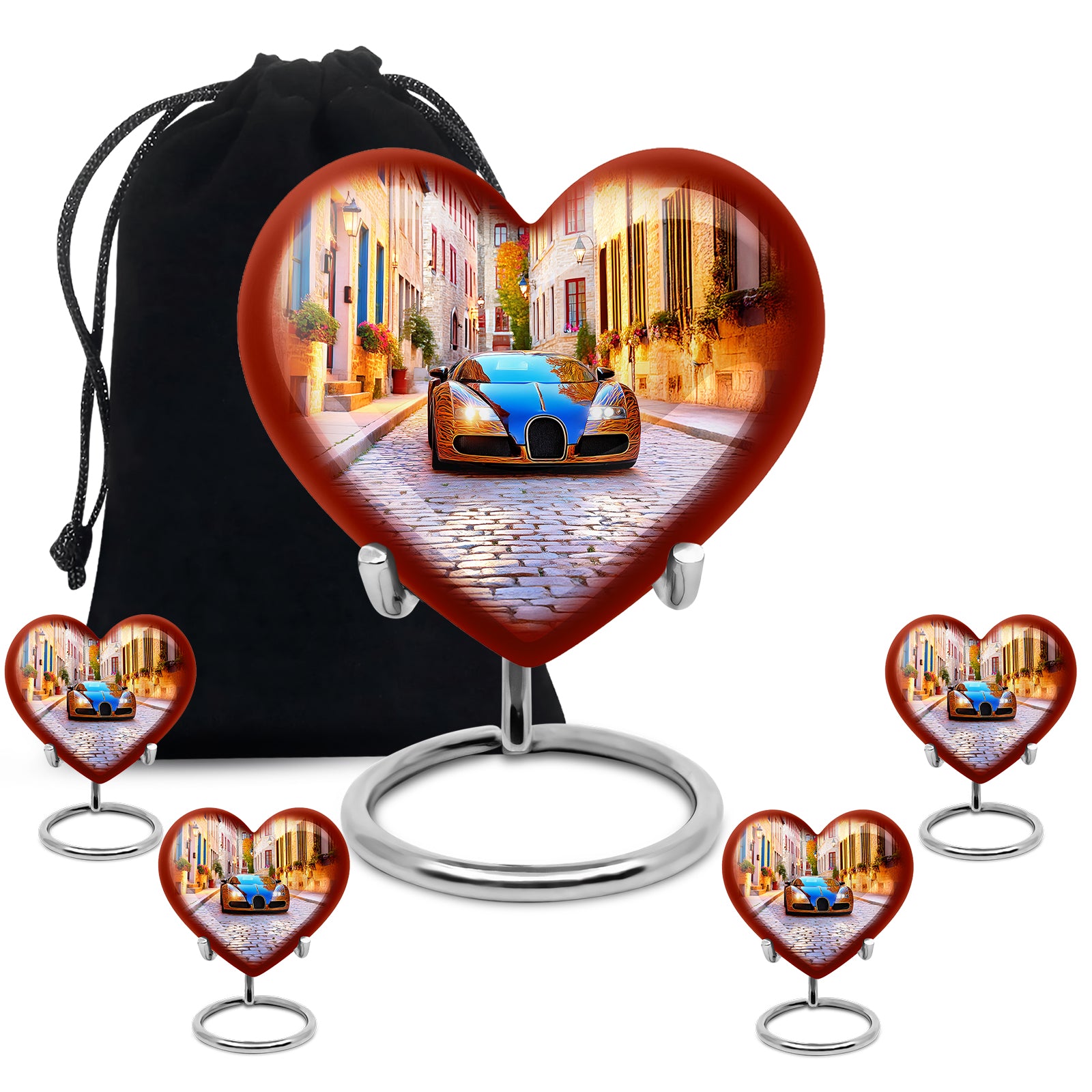 Steel Blue Car Cremation Urn close-up of engraving and surface detail - romantic heart urn with car motif on aluminum - memorial set with one large and four small urns