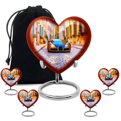 Steel Blue Car Cremation Urn close-up of engraving and surface detail - romantic heart urn with car motif on aluminum - memorial set with one large and four small urns