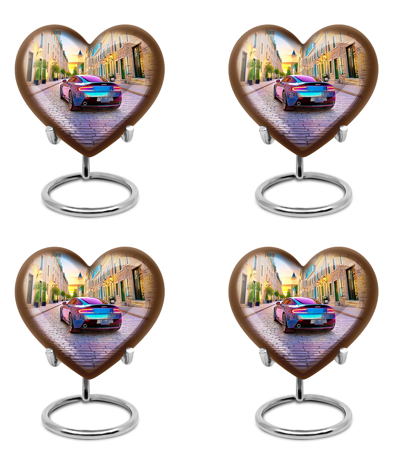 Serene Blue Car Cremation Urn angled view of lid and engraved motif - romantic heart urn with car motif on aluminum - 10 inch aluminum urn for cremated remains