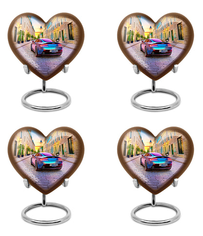 Serene Blue Car Cremation Urn angled view of lid and engraved motif - romantic heart urn with car motif on aluminum - 10 inch aluminum urn for cremated remains