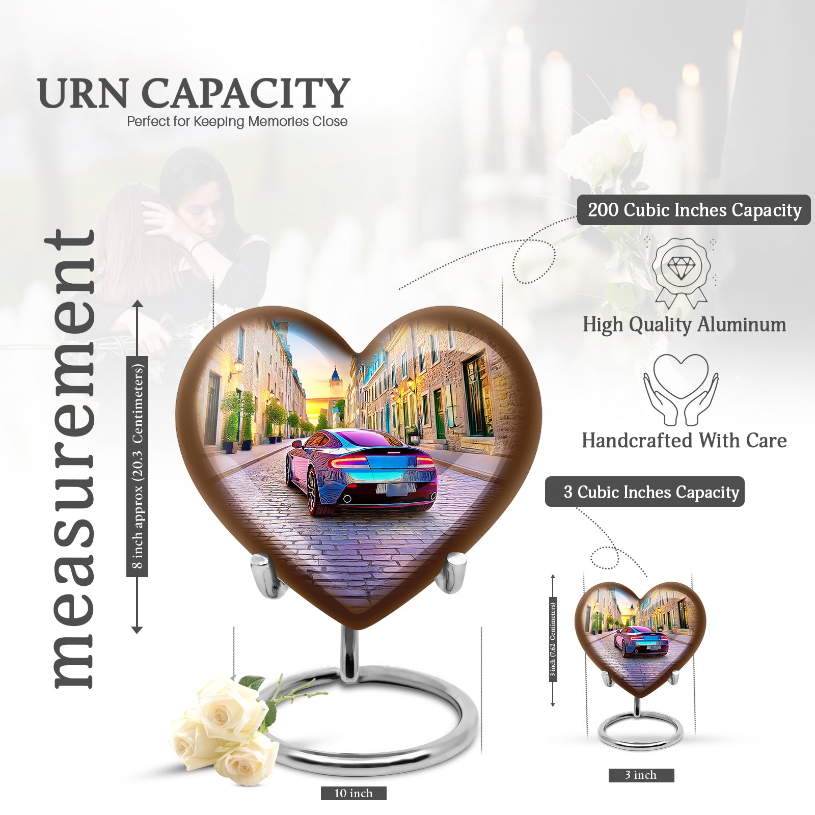 Celestial Blue Car Cremation Urn front view showing detailed design - loving heart memorial featuring car pattern - mini keepsake memorial for portion of cremation ashes
