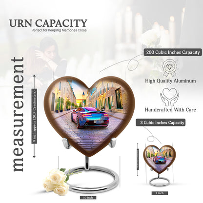 Celestial Blue Car Cremation Urn front view showing detailed design - loving heart memorial featuring car pattern - mini keepsake memorial for portion of cremation ashes