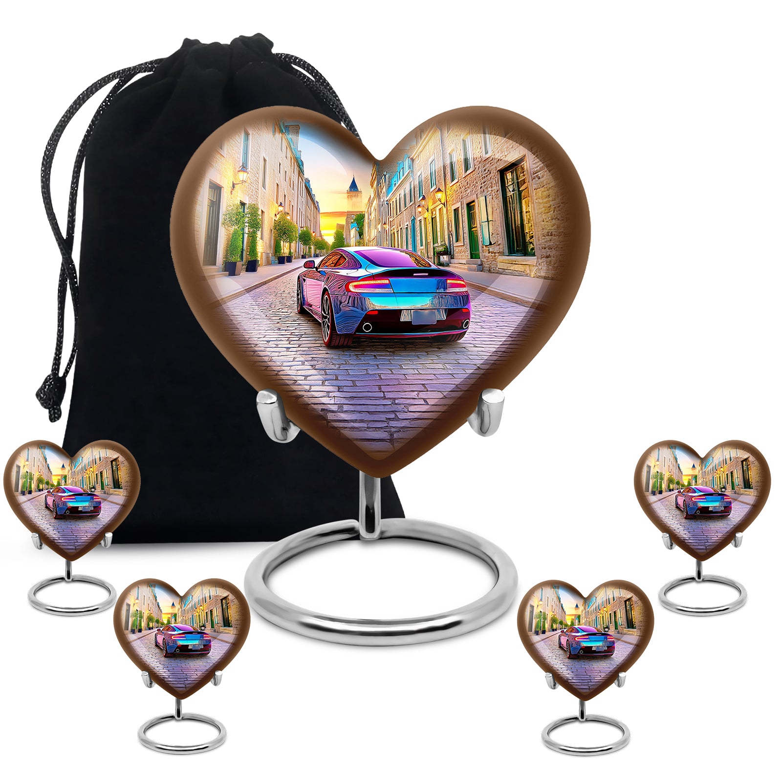 Dusty Blue Car Cremation Urn close-up of engraving and surface detail - loving heart memorial featuring car pattern - memorial set with one large and four small urns