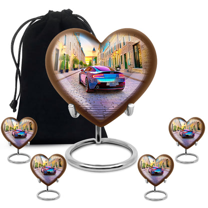 Dusty Blue Car Cremation Urn close-up of engraving and surface detail - loving heart memorial featuring car pattern - memorial set with one large and four small urns
