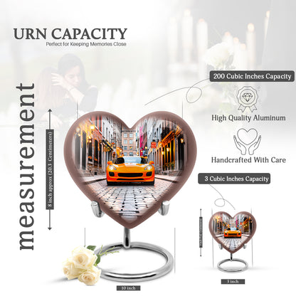 Silk White Car Cremation Urn front view showing detailed design - compassionate heart-car combination with gentle curves - mini keepsake memorial for portion of cremation ashes