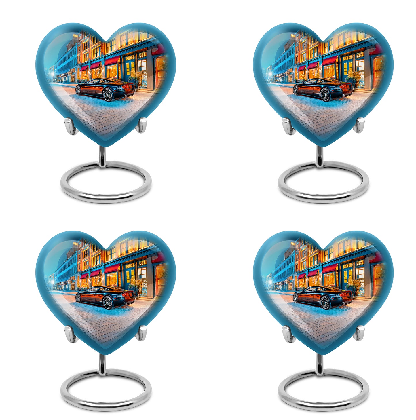 Dusty Blue Car Cremation Urn angled view of lid and engraved motif - heart-shaped car design symbolizing eternal love - 10 inch aluminum urn for cremated remains