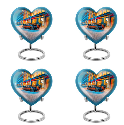 Dusty Blue Car Cremation Urn angled view of lid and engraved motif - heart-shaped car design symbolizing eternal love - 10 inch aluminum urn for cremated remains