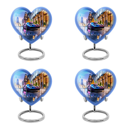 Powder Blue Car Cremation Urn angled view of lid and engraved motif - heart-shaped car design symbolizing eternal love - 10 inch aluminum urn for cremated remains