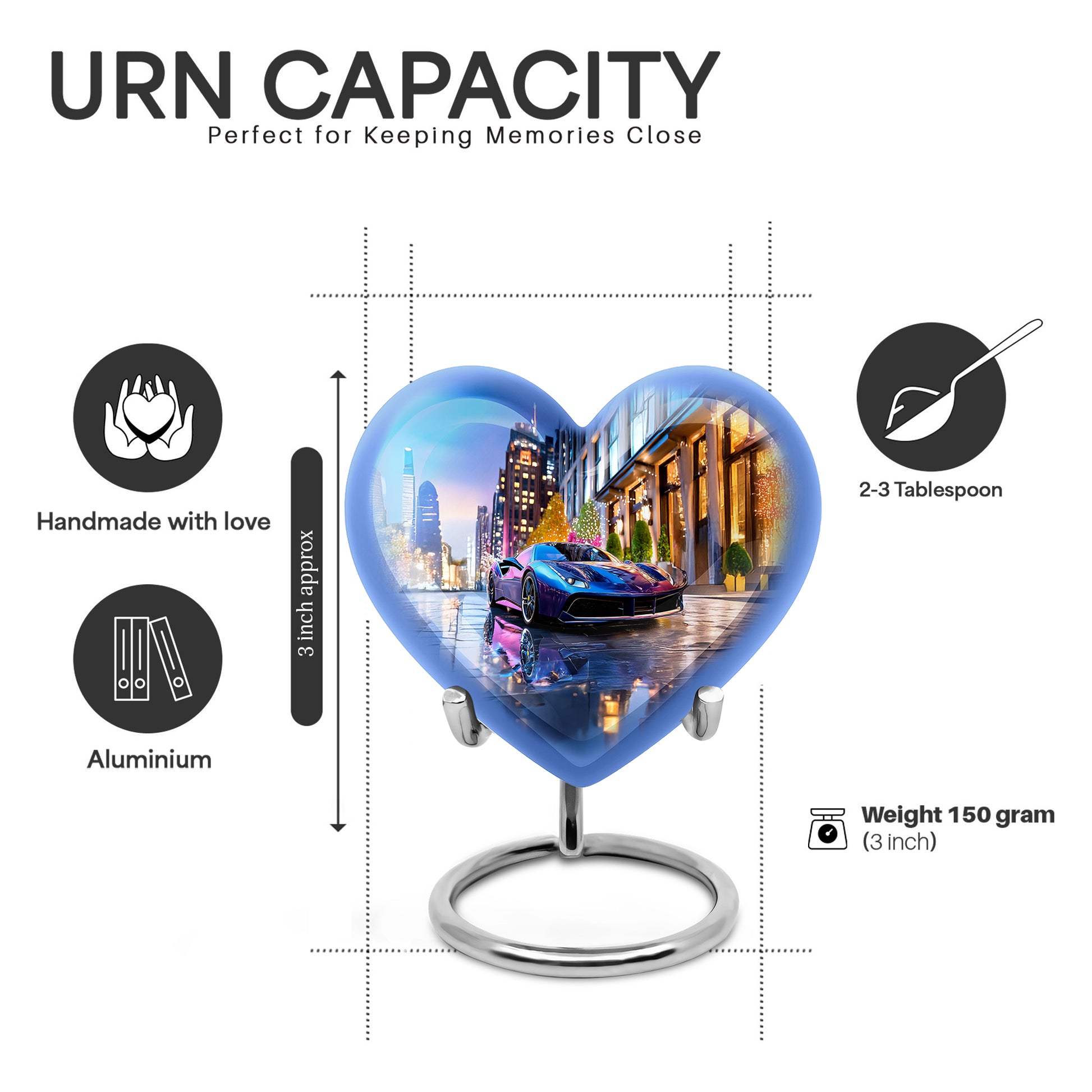Slate Blue Car Cremation Urn front view showing detailed design - loving heart memorial featuring car pattern - mini keepsake memorial for portion of cremation ashes