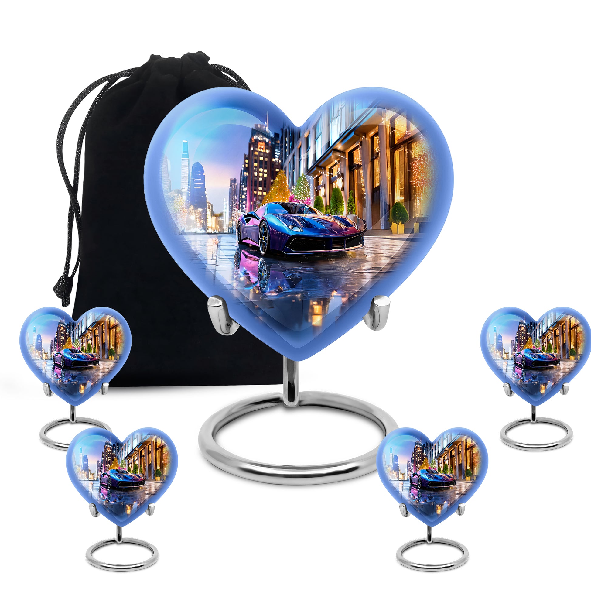 Navy Blue Car Cremation Urn close-up of engraving and surface detail - heart-shaped car design symbolizing eternal love - memorial set with one large and four small urns