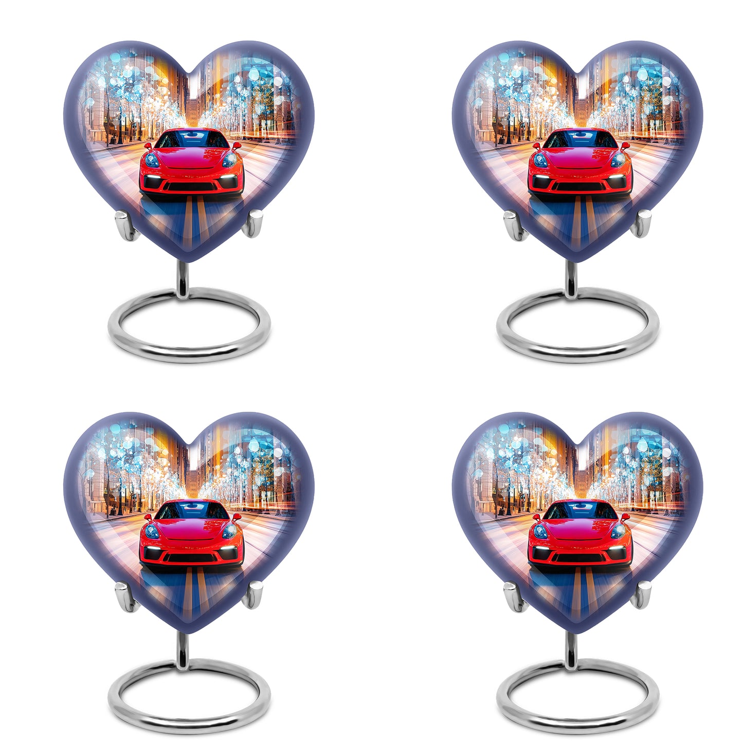 Misty Blue Car Cremation Urn angled view of lid and engraved motif - loving heart memorial featuring car pattern - 10 inch aluminum urn for cremated remains