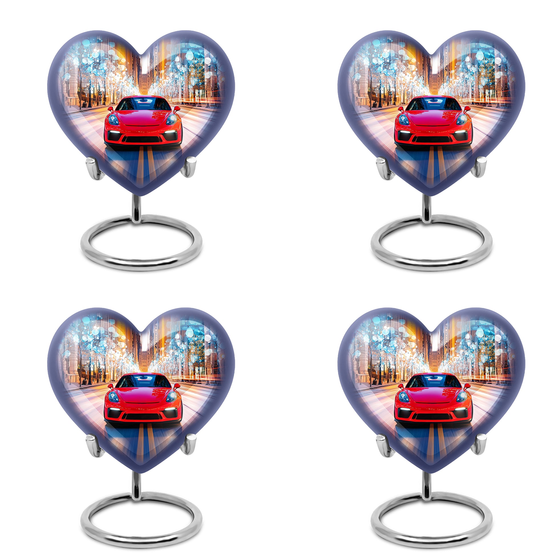 Misty Blue Car Cremation Urn angled view of lid and engraved motif - loving heart memorial featuring car pattern - 10 inch aluminum urn for cremated remains