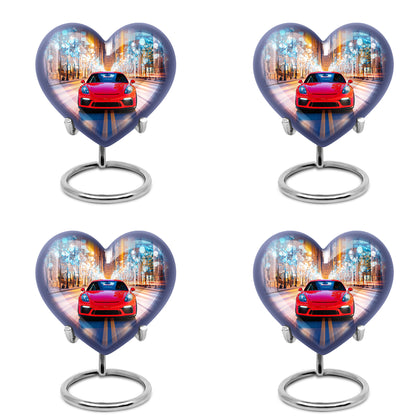 Misty Blue Car Cremation Urn angled view of lid and engraved motif - loving heart memorial featuring car pattern - 10 inch aluminum urn for cremated remains