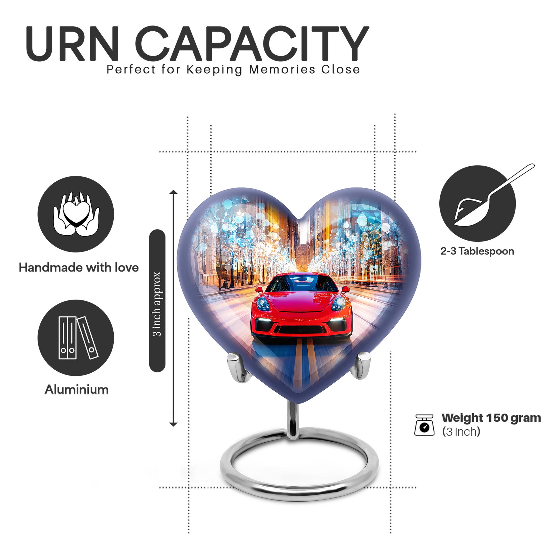 Azure Car Cremation Urn front view showing detailed design - loving heart memorial featuring car pattern - mini keepsake memorial for portion of cremation ashes