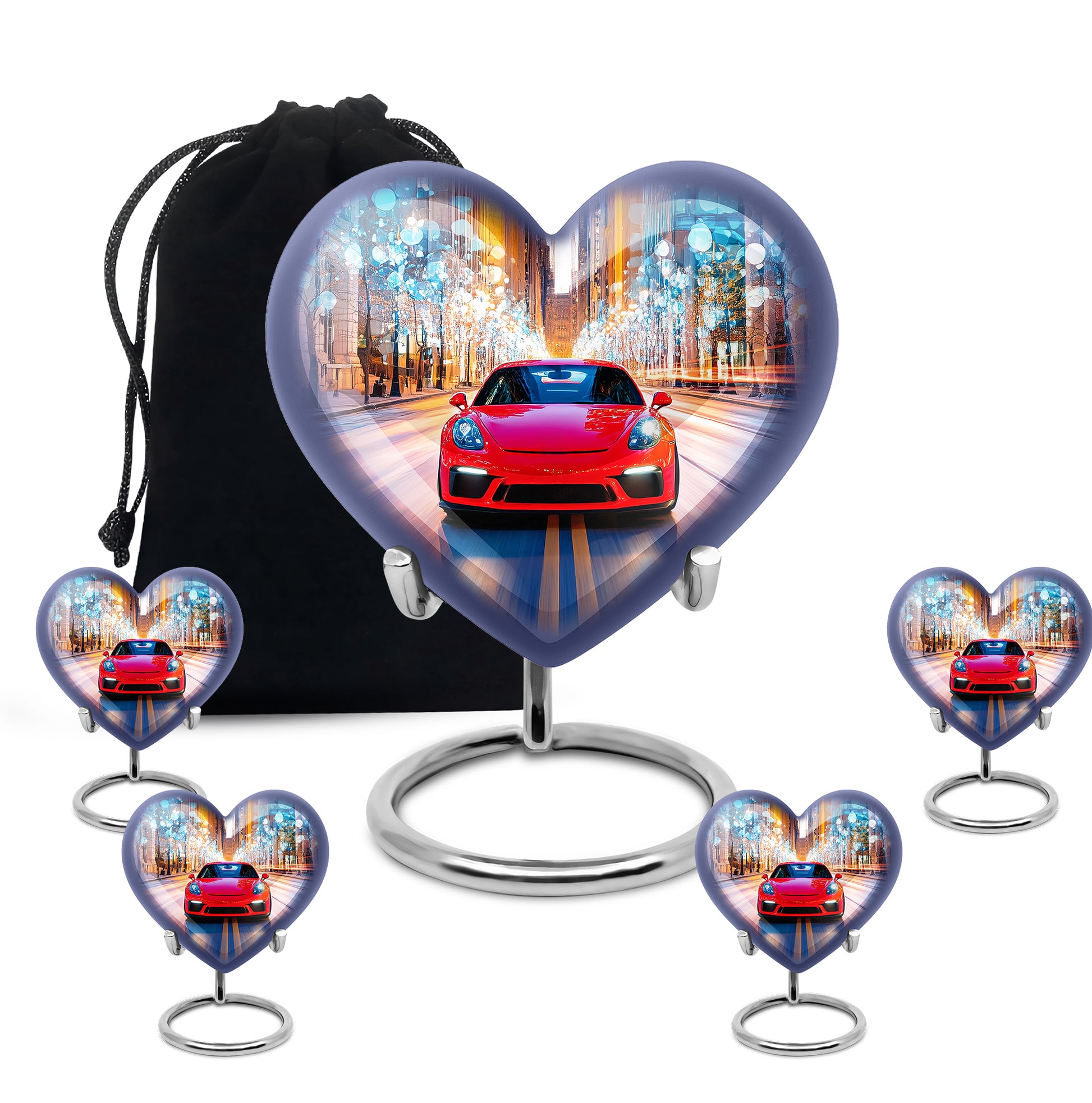 Slate Blue Car Cremation Urn close-up of engraving and surface detail - heart-shaped car design symbolizing eternal love - memorial set with one large and four small urns