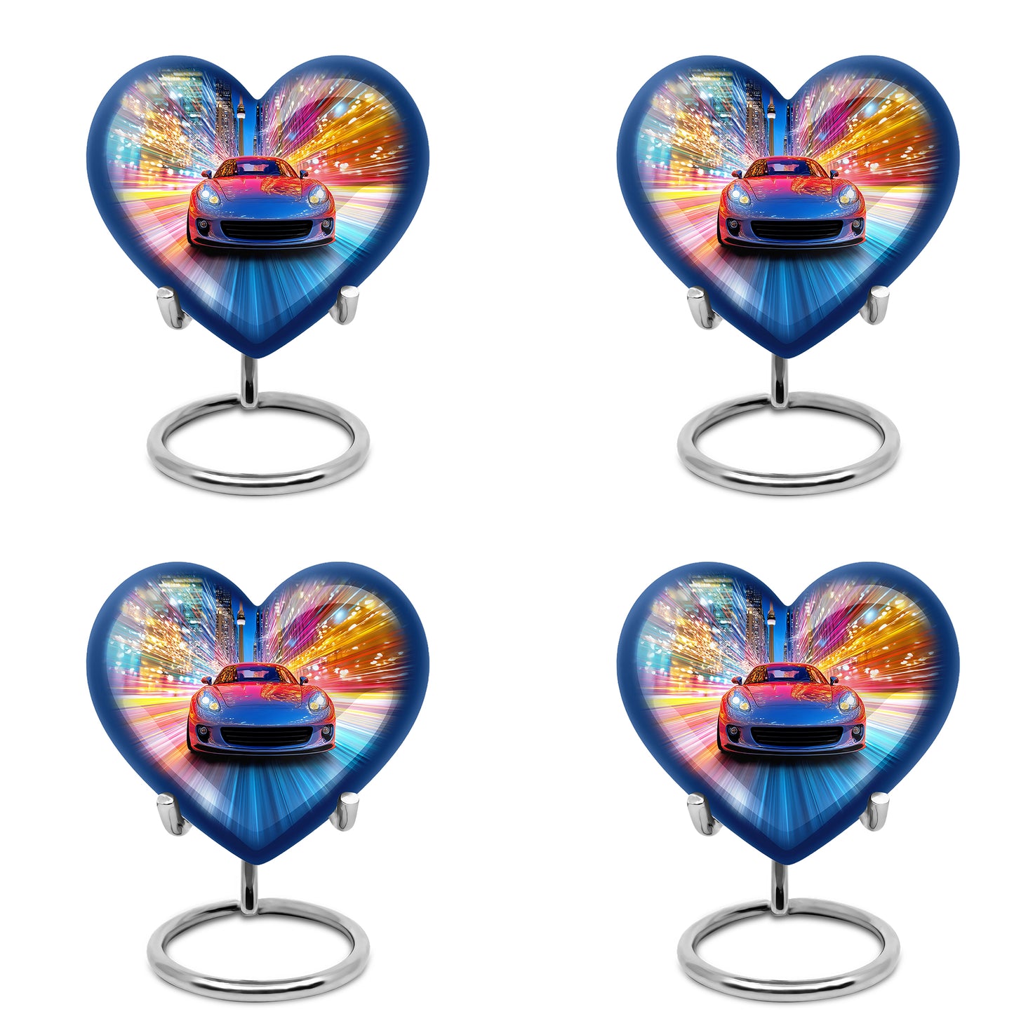 Vivid Blue Car Cremation Urn angled view of lid and engraved motif - romantic heart urn with car motif on aluminum - 10 inch aluminum urn for cremated remains