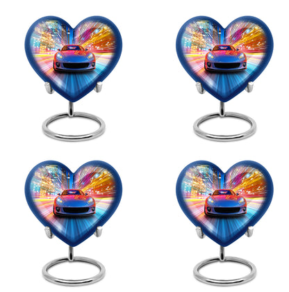 Vivid Blue Car Cremation Urn angled view of lid and engraved motif - romantic heart urn with car motif on aluminum - 10 inch aluminum urn for cremated remains